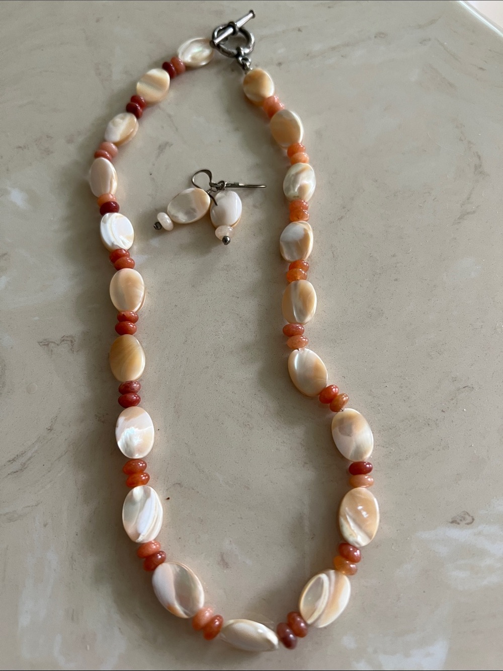 Shell and Coral-Bead Necklace & Earring Set in Cream and Orange